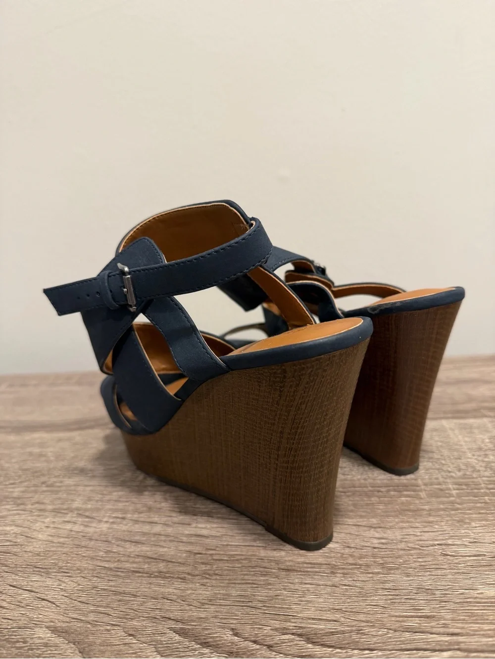 Indigo Navy Crisscross Wedge Sandals with Wood-Textured Platform